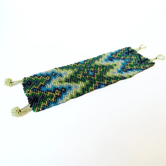 Handmade Wide Seed-Bead Cuff Bracelet with Geometric Design - Picture 2 of 7